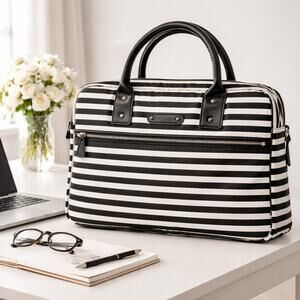 Laptop Bag 15” Computer Case Black White Striped Zippered Used Excellent